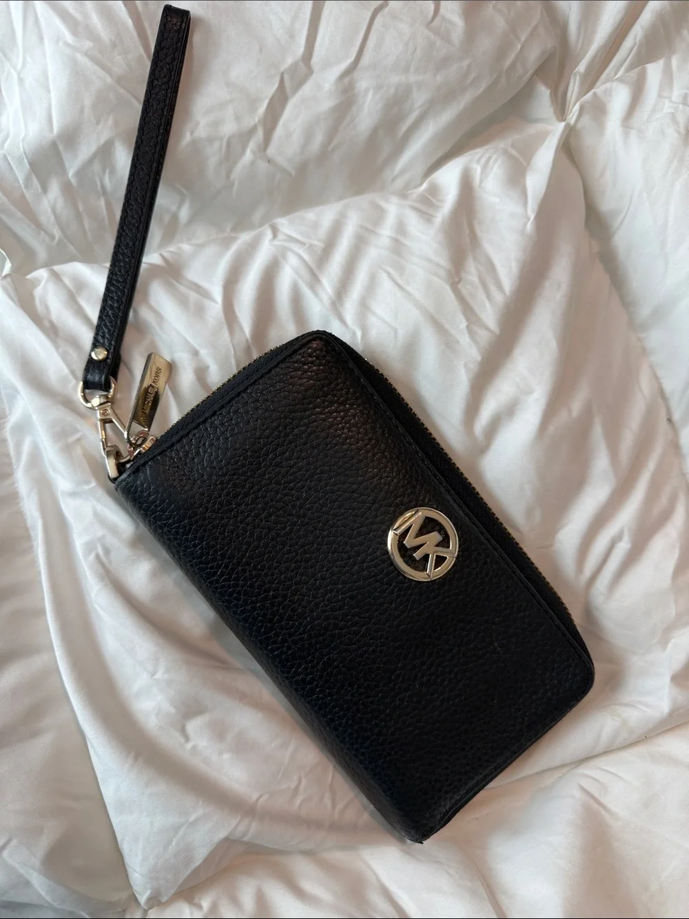 Michael Kors Black Pebbled Leather Wristlet Clutch with MK Logo